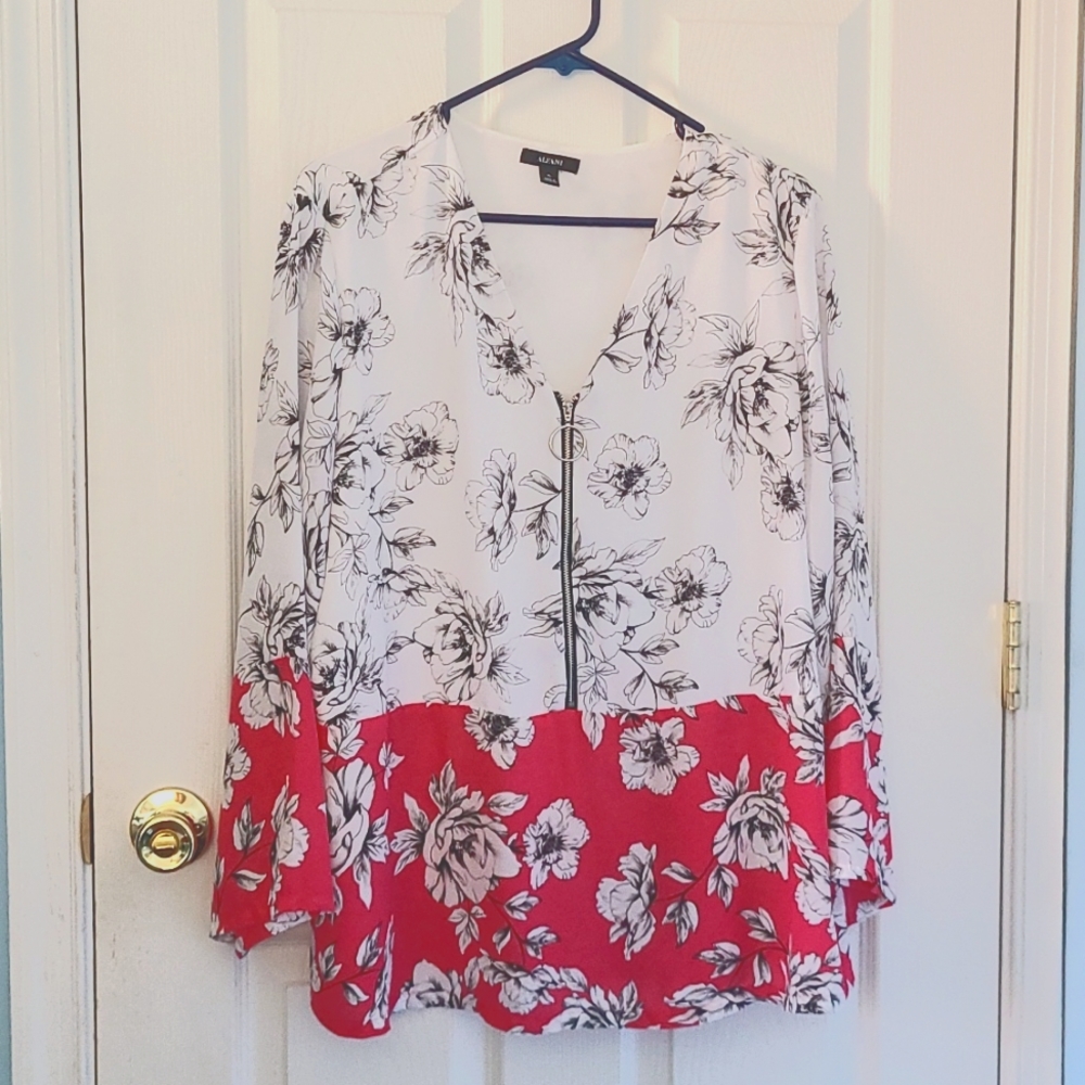 Alfani Blouse, Half Zip, Size XL, White and Bright Pink with Floral Pattern.